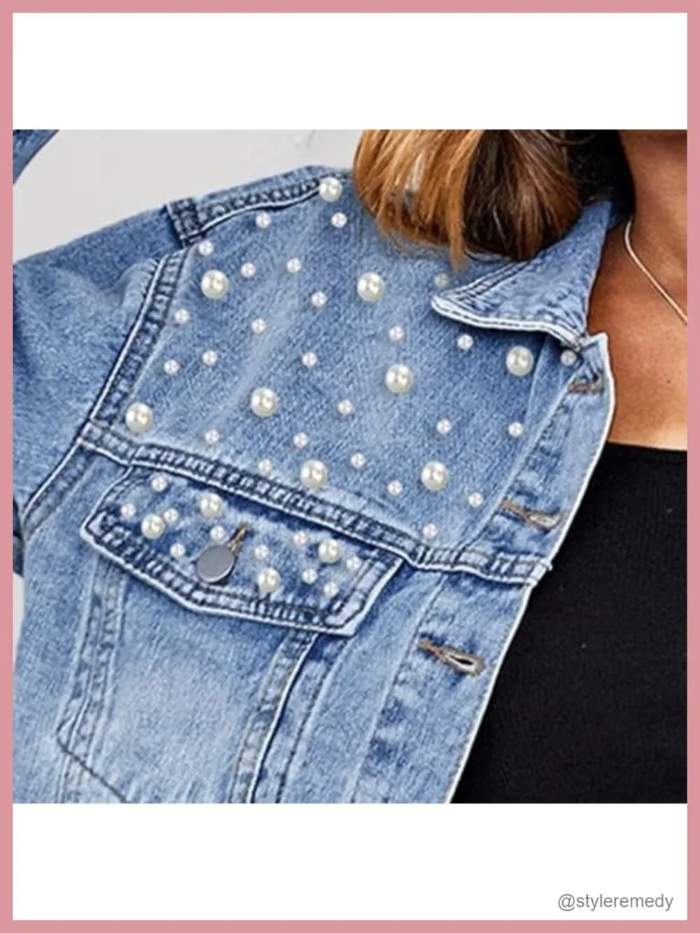 Pearl Beaded Cropped Denim Jacket Women Distressed Frayed Hem Shacket
